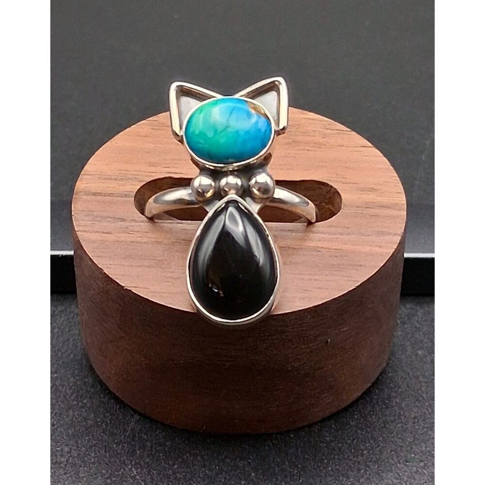 Turquoise Onyx Cat Ring, Adjustable, 925 SS, Southwest Native American Style